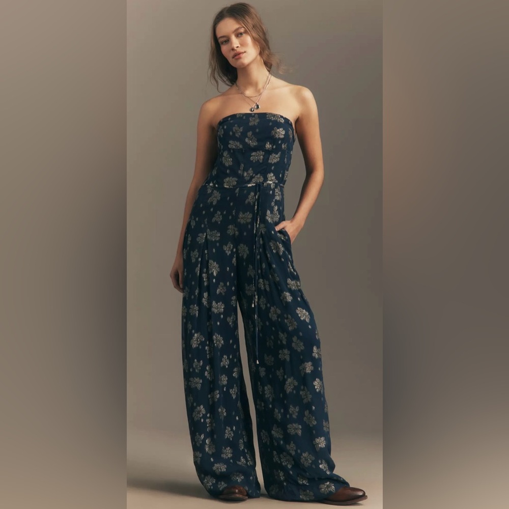 Anthropologie Dark Blue Floral Jumpsuit